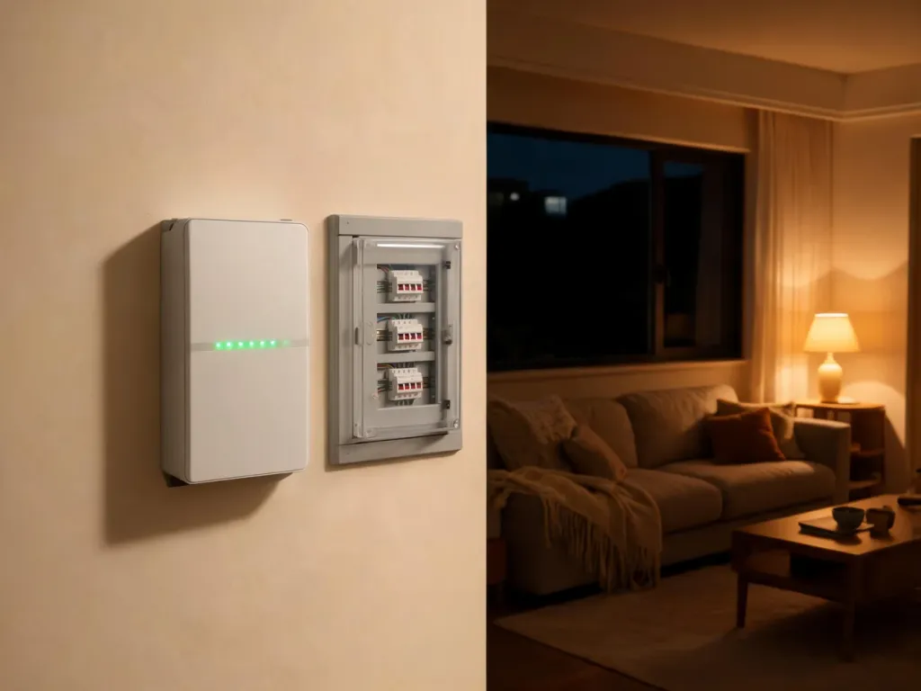 Domowy magazyn energii podtrzymujący zasilanie oświetlonego salonu podczas nocnej awarii prądu na zewnątrz.