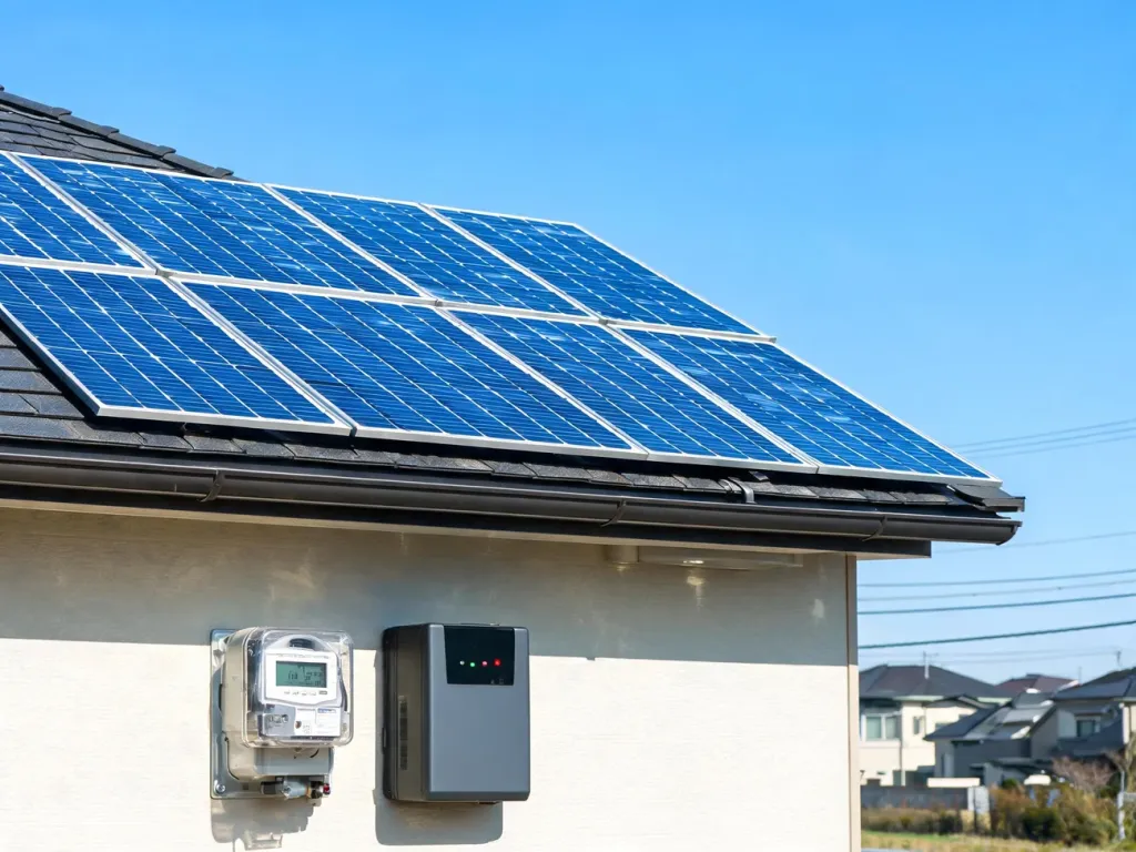 Dach domu z panelami fotowoltaicznymi, licznik prądu i domowy magazyn energii na tle linii energetycznych.
