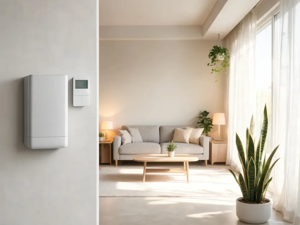 Nowoczesny domowy magazyn energii z wyświetlaczem w jasnym, przytulnym salonie, podkreślający komfort i niezawodność systemu.