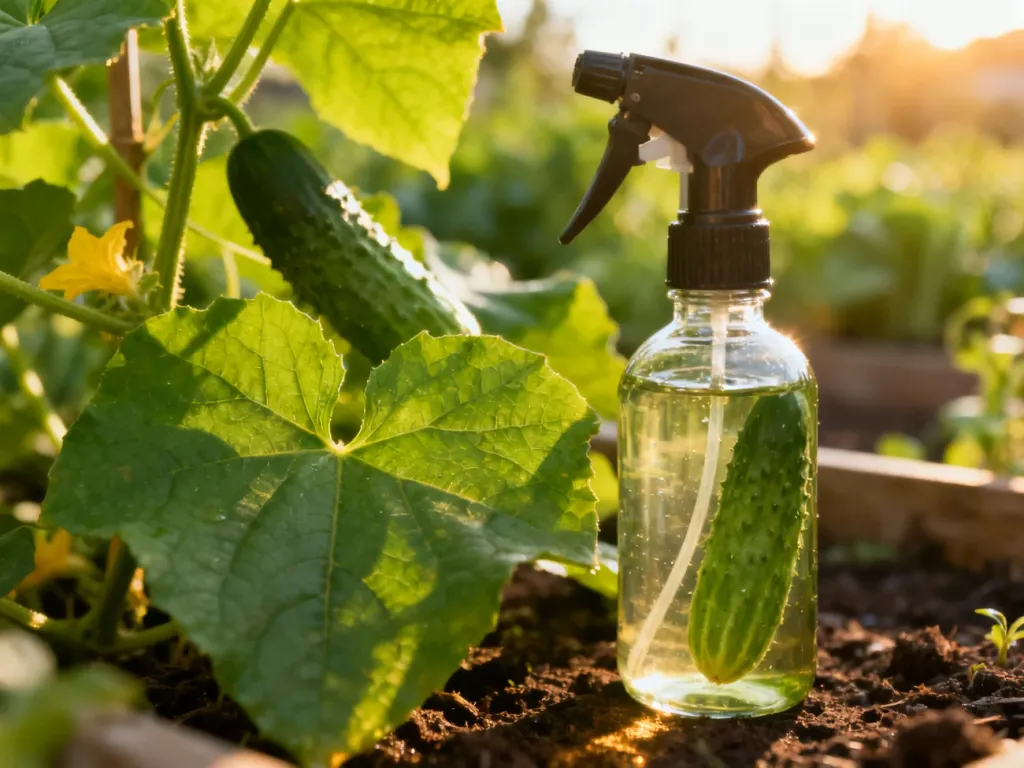 Szklana butelka z naturalnym preparatem do oprysku obok zdrowego krzaka ogórka w przydomowym ogrodzie.