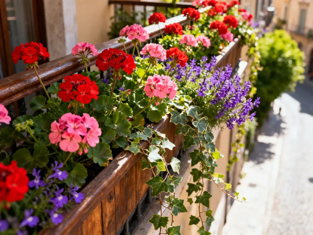 Kompozycja pelargonii, bluszczu i lobelii na drewnianej balustradzie balkonu w słoneczny dzień.
