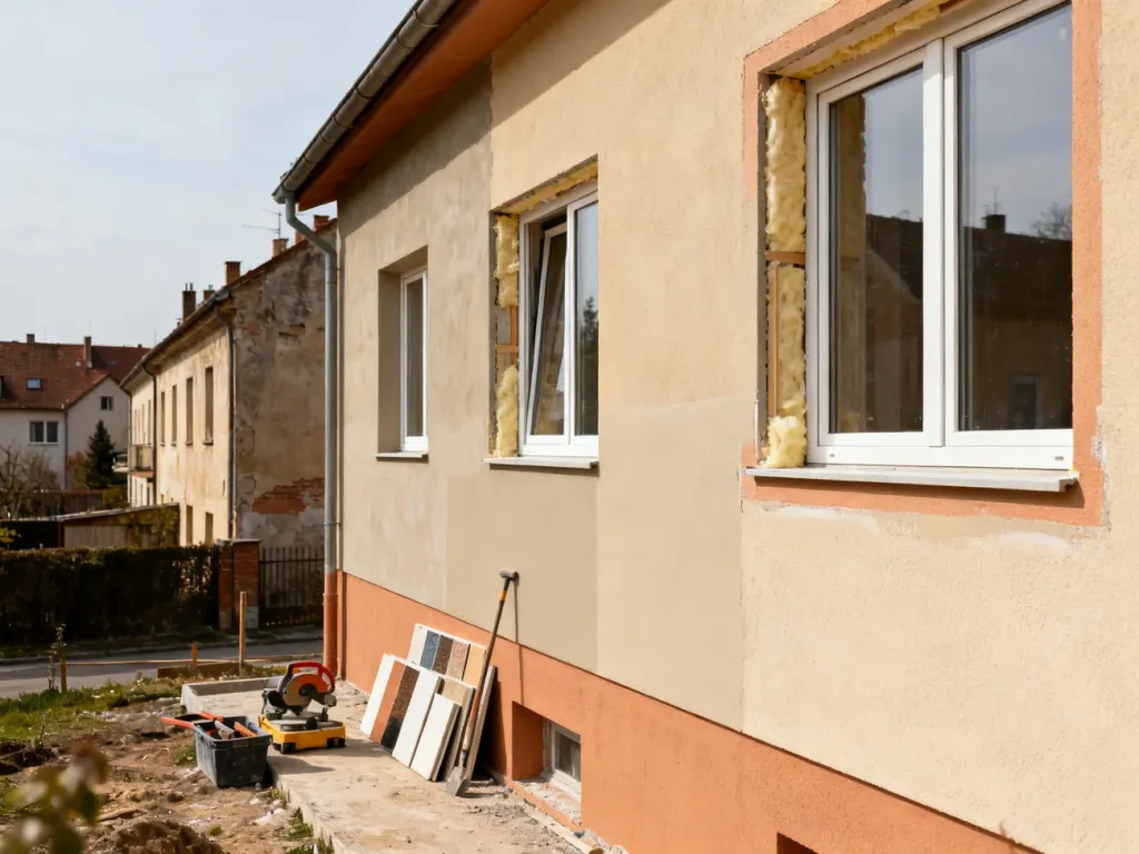 Nowoczesna elewacja domu z lat 70. po termomodernizacji z widocznymi próbkami materiałów i nowymi oknami.