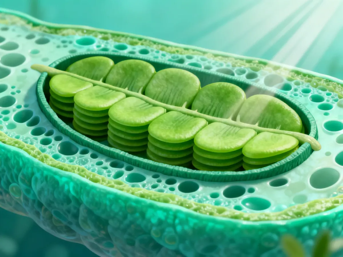Przekrój chloroplastu z widocznymi stosami tylakoidów i stromą